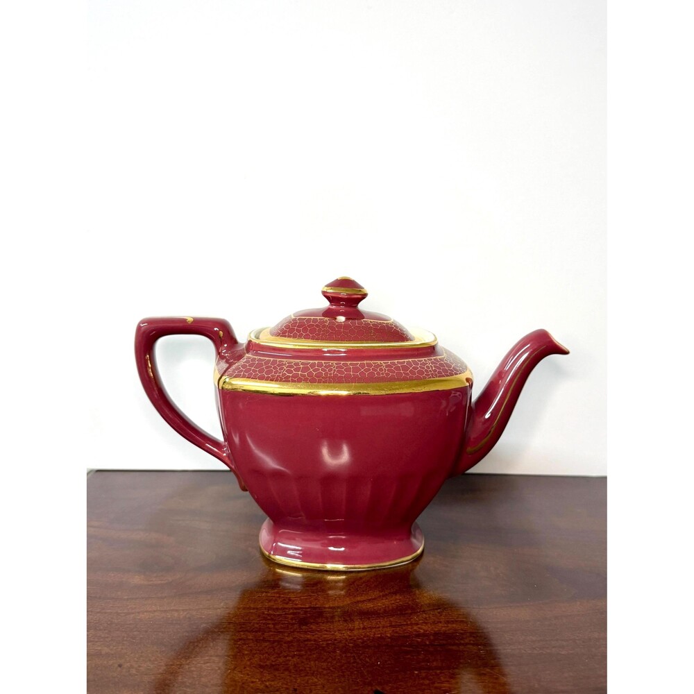 Hall Hollywood Maroon Teapot Gold Crackle 6 Cup USA Vintage